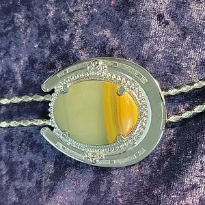 Vtg Bolo Tie Polished Stone SilverTone Beaded   Horse Shoe Frame Corded Western